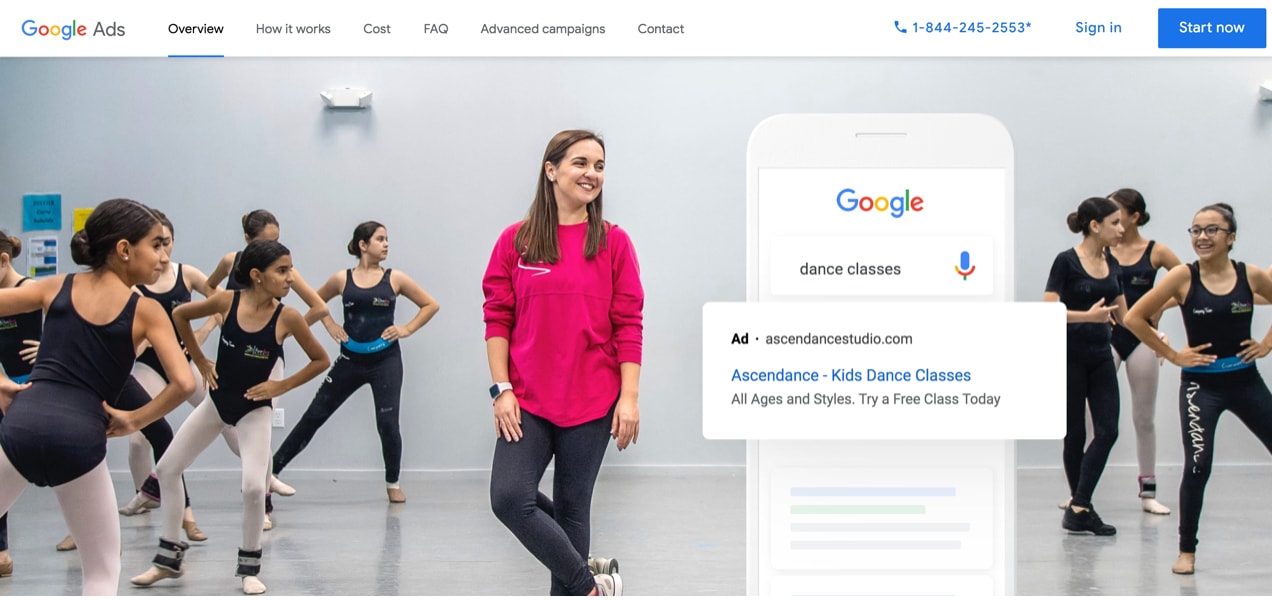 screenshot from the home page of Google ads, showing dancers and an example of an ad for dance classes