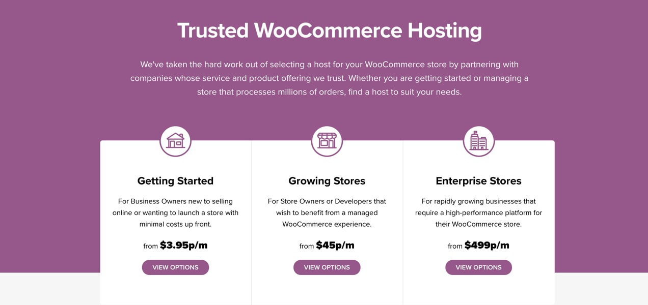 WooCommerce hosting page, with recommendations for stores of every level