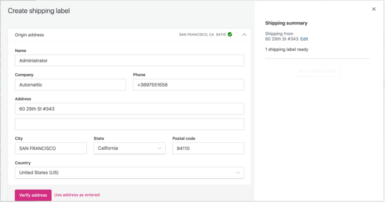 WooCommerce Shipping "create a label" screen