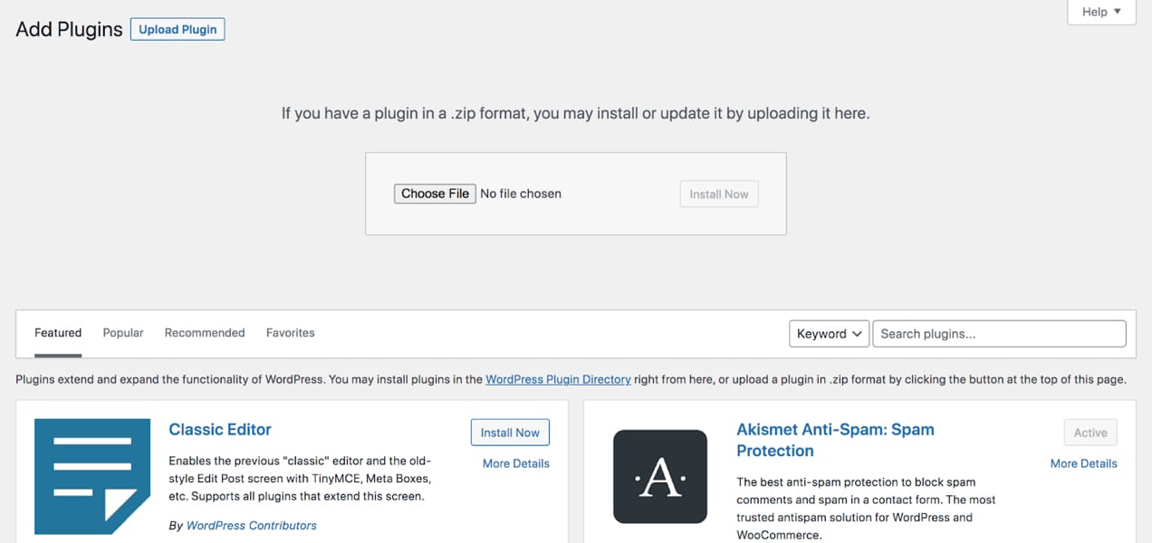 "add plugins" screen in WordPress