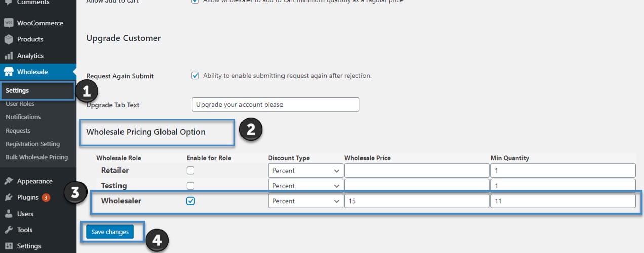 wholesale pricing options in the dashboard