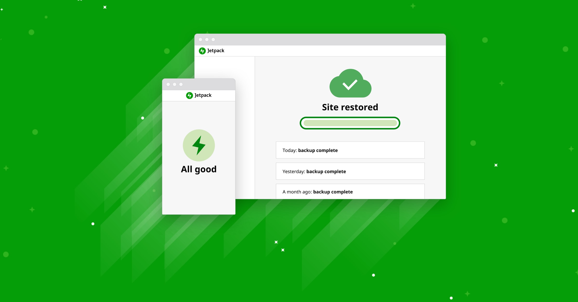 Jetpack Backup screenshots on a green background