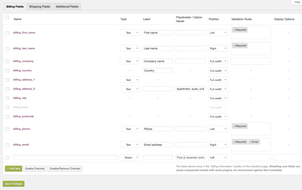 editing checkout fields in the WooCommerce dashboard