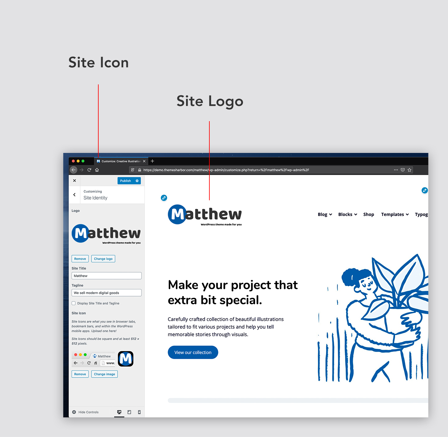 Matthew: Example of using the custom logo and the site icon.