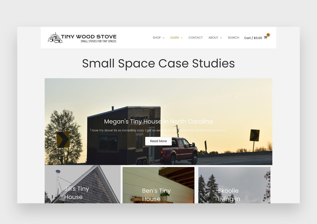 case studies page on the Tiny Wood Stove website
