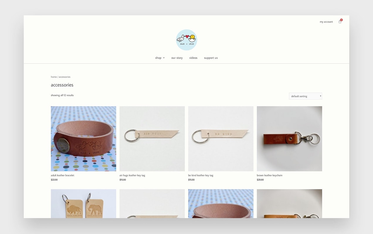 Duck and Chick website with products in a gridP
