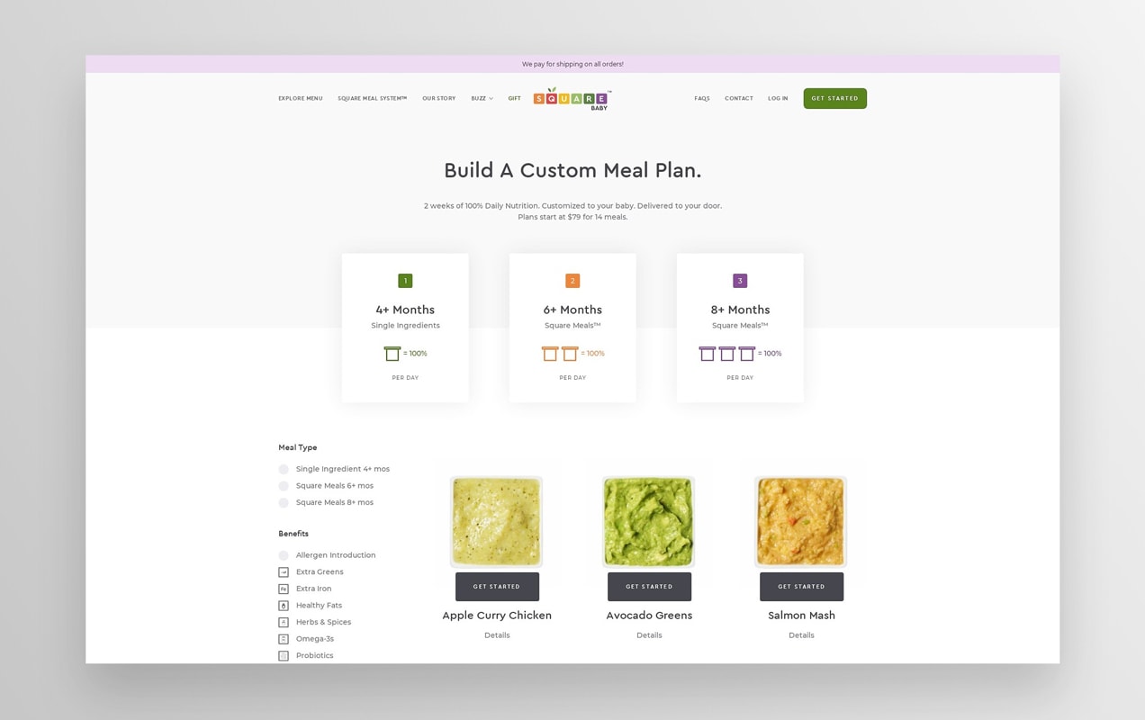 Square Baby website, where customers can build a meal plan