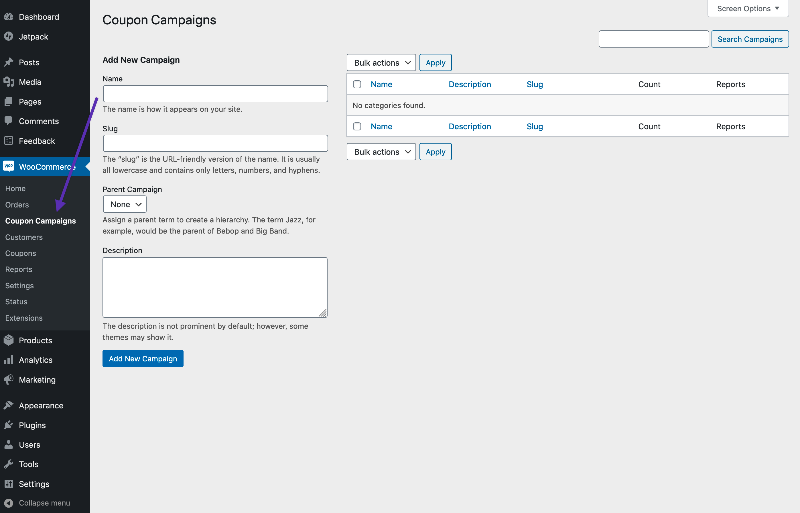 Coupon Campaigns settings page for adding a new Campaign