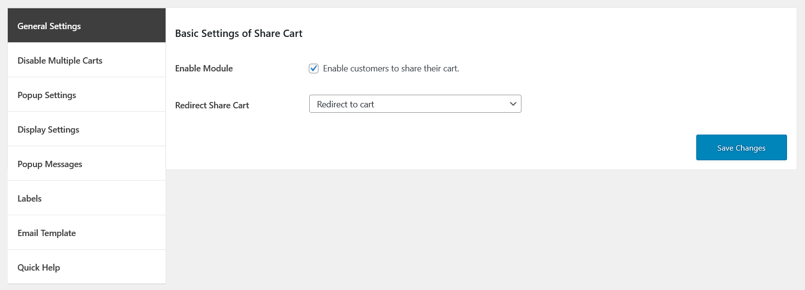 save and share cart generl settings