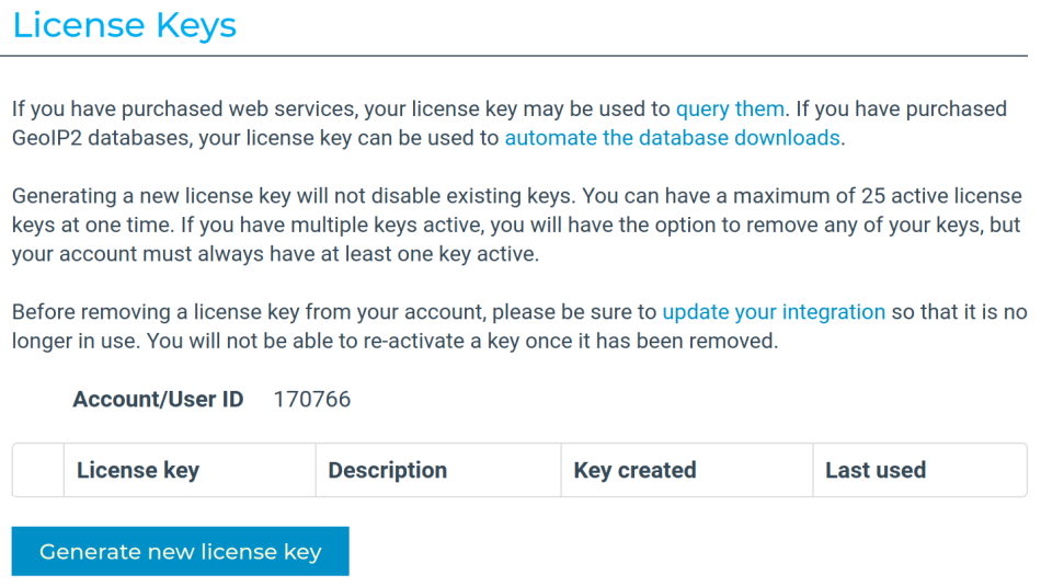 MaxMind license keys page