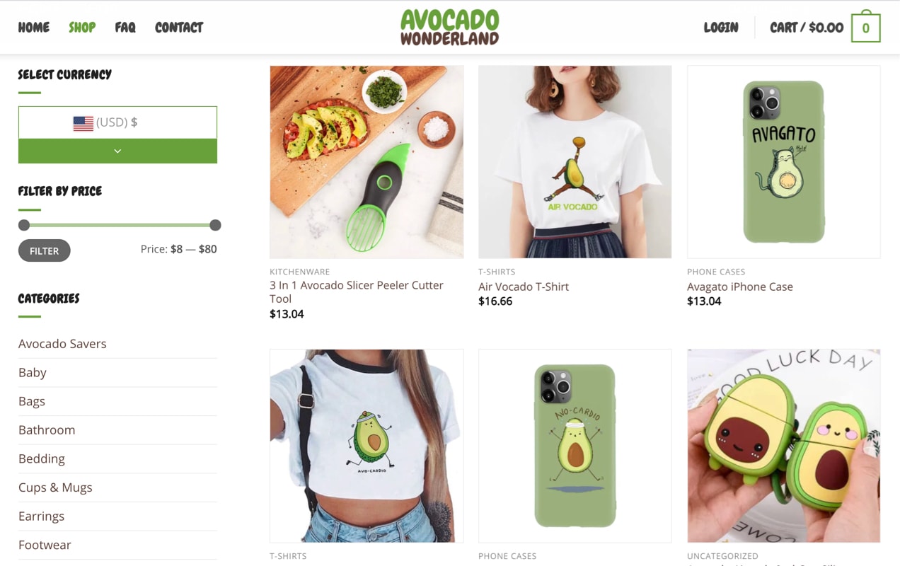 avocado themed products displayed in a grid