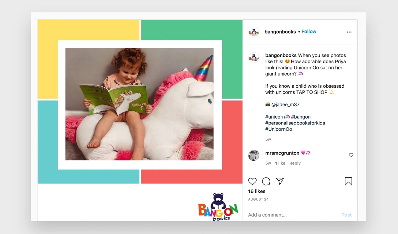 Instagram post from Bang On Books showing a child reading her new book
