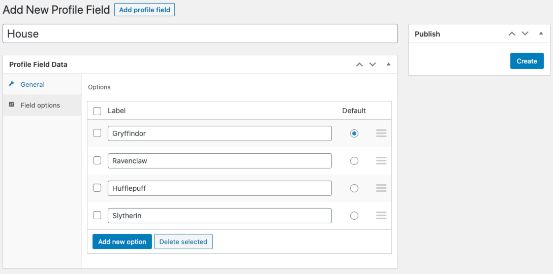 Updating field option settings for new profile field.