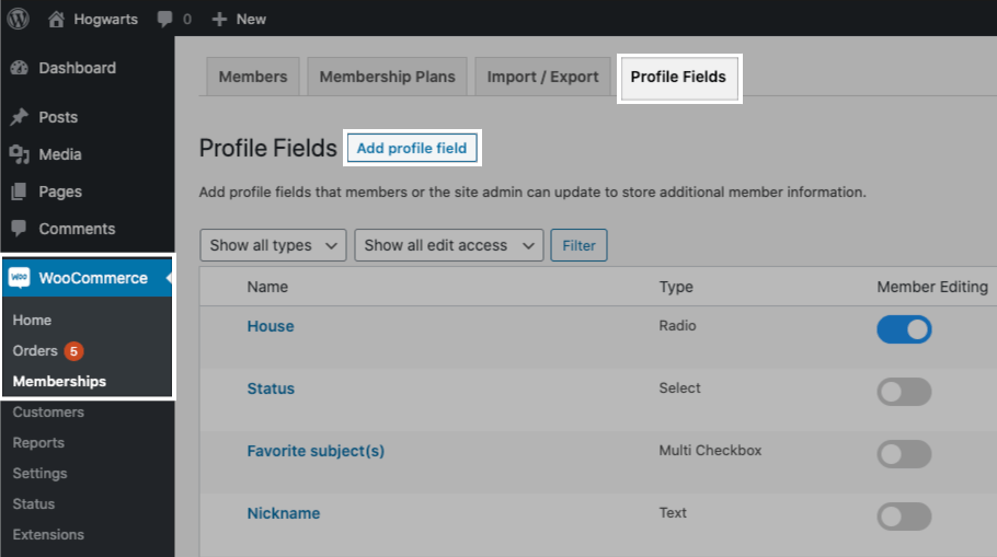 Add new profile field in WooCommerce - Memberships - Profile Fields.