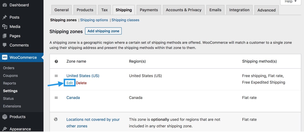 United States and Canada shipping zones in the WooCommerce backend