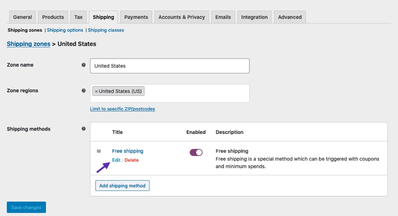 setting up free shipping in the WooCommerce dashboard