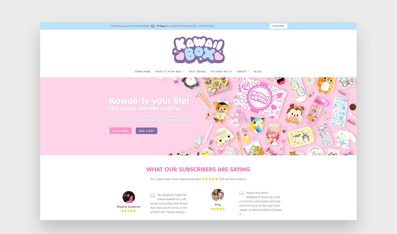 Kawaii Box website with a bubbly, rounded font