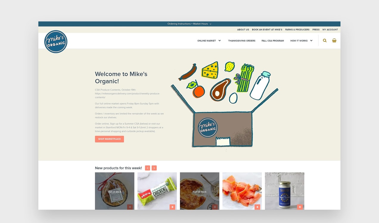 Mike's Organic website with bright, custom illustrations