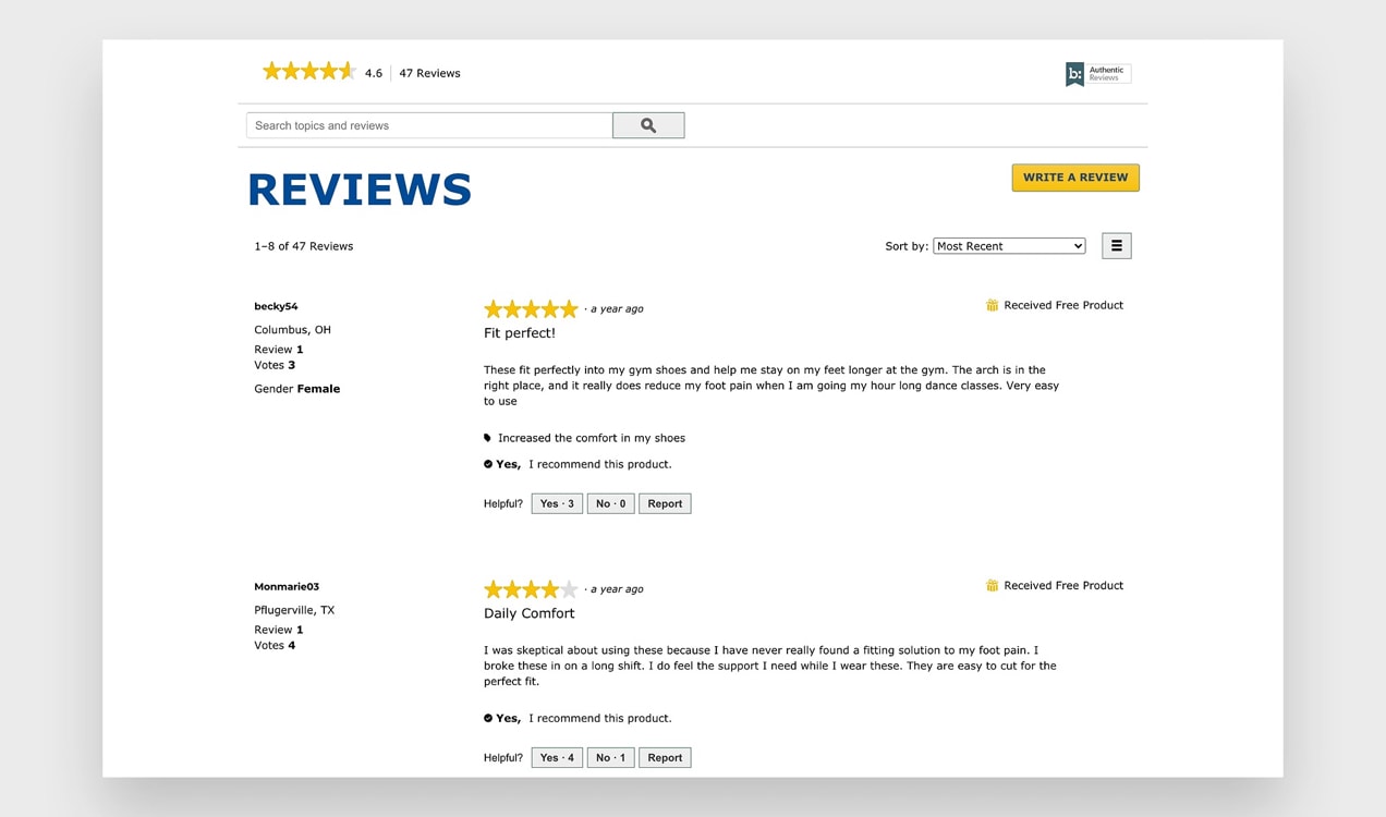 customer reviews on Dr Scholls product pages