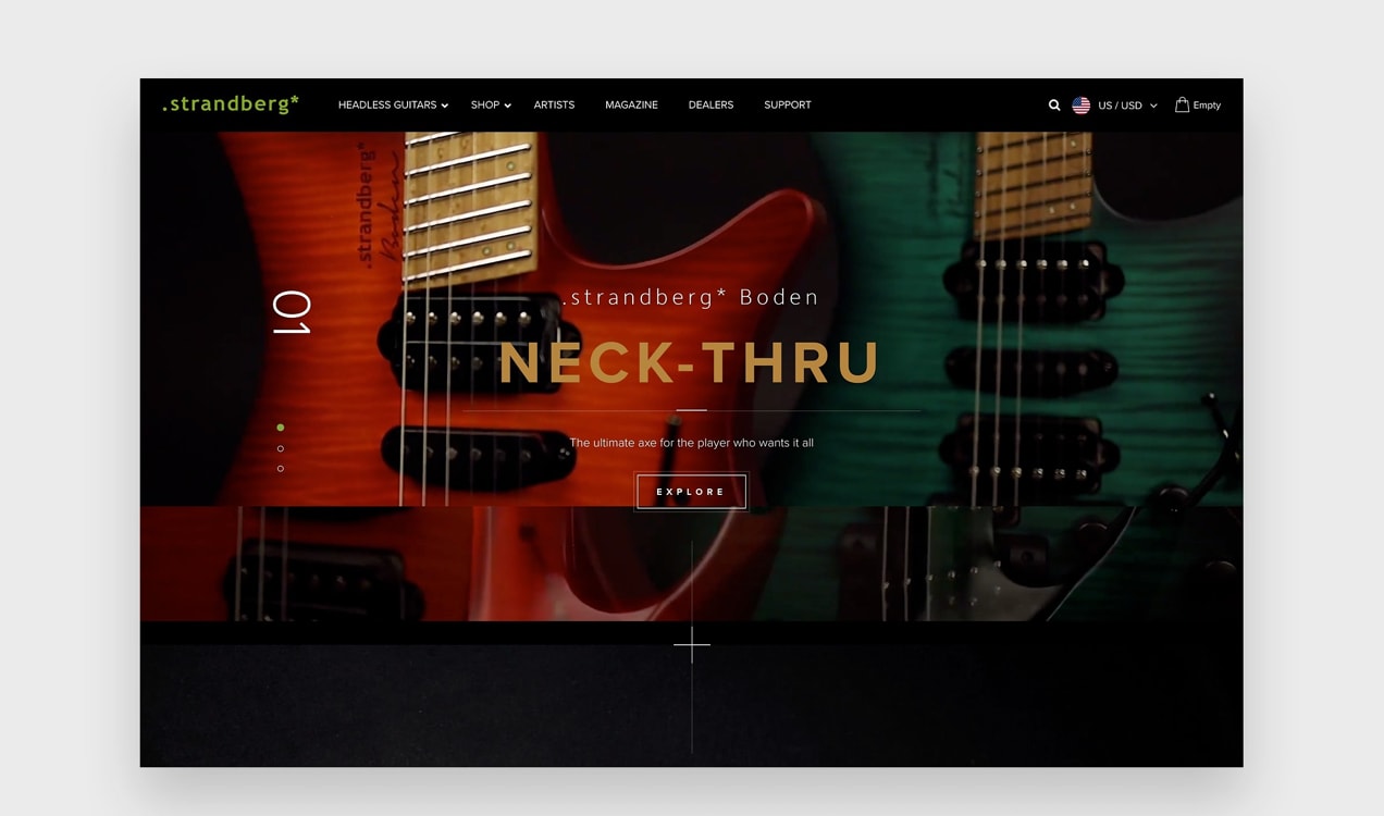 Strandberg Guitars website with dark overlays