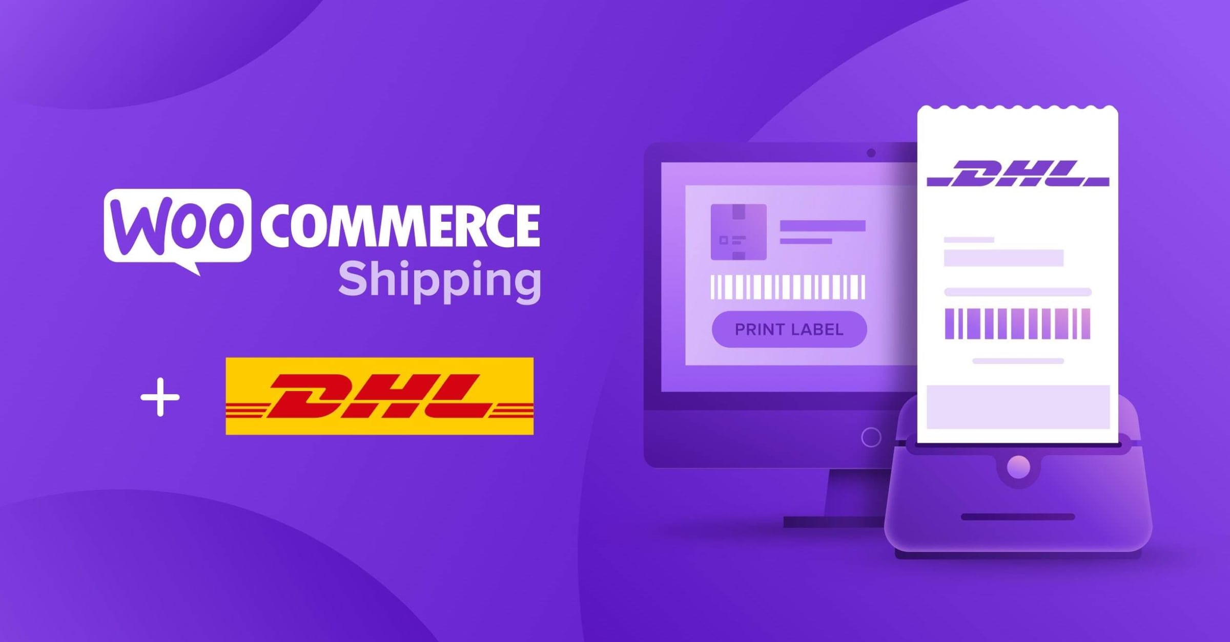 woocommerce and dhl logos on a purple background