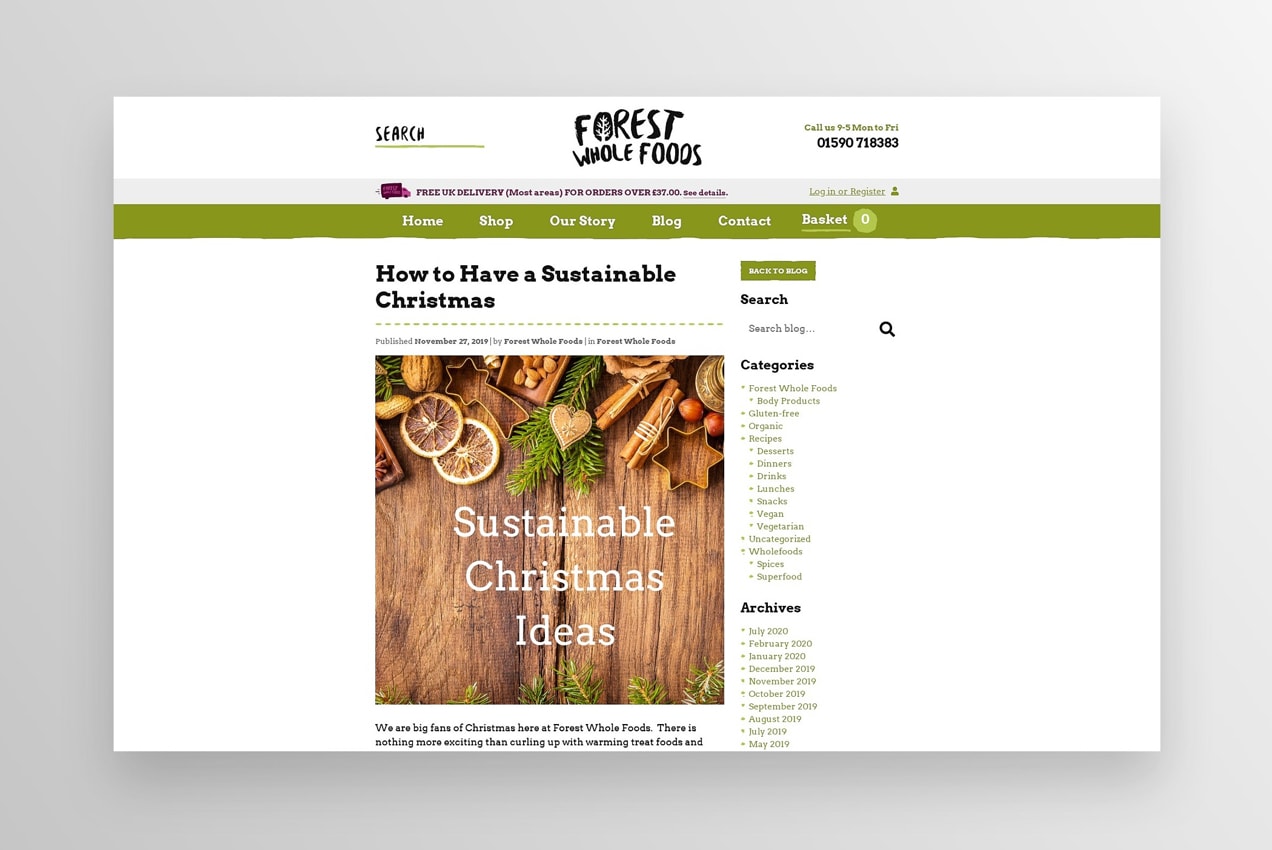 forest whole foods website with a blog post about how to have a sustainable christmas