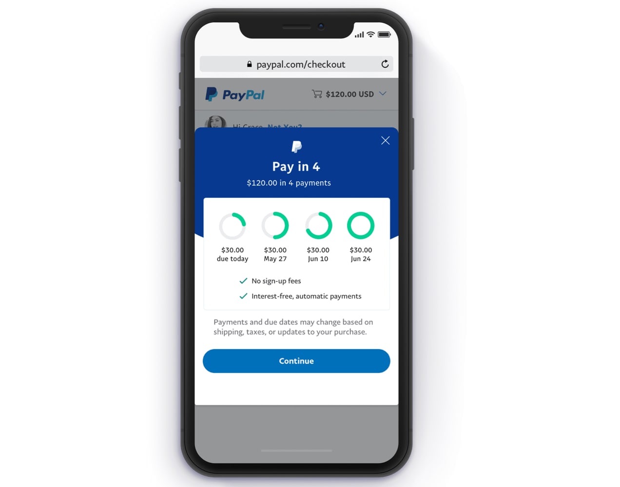 PayPal Pay in 4 on a mobile screen