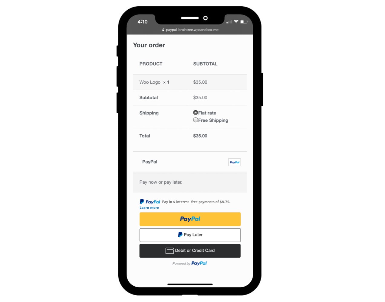 PayPal one-click checkout on a mobile screen