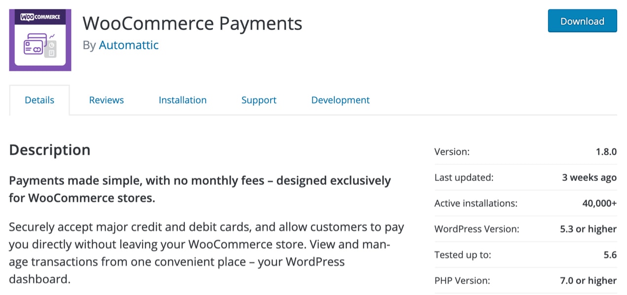WooCommerce Payments listing