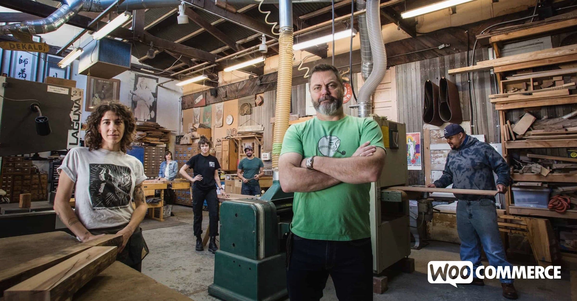 Nick Offerman and the woodshop team
