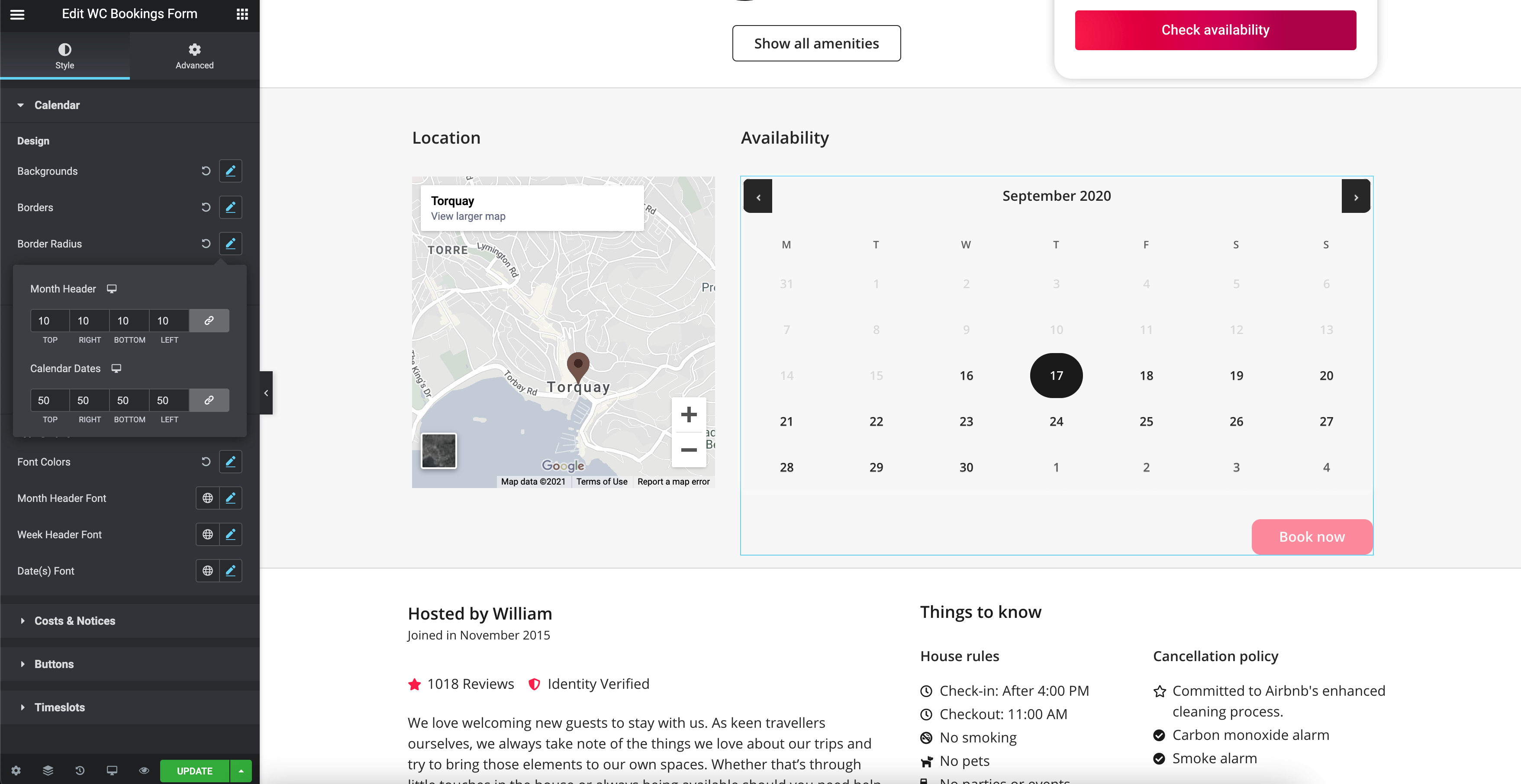 An example of styling the calendar header and available dates in WooCommerce Bookings