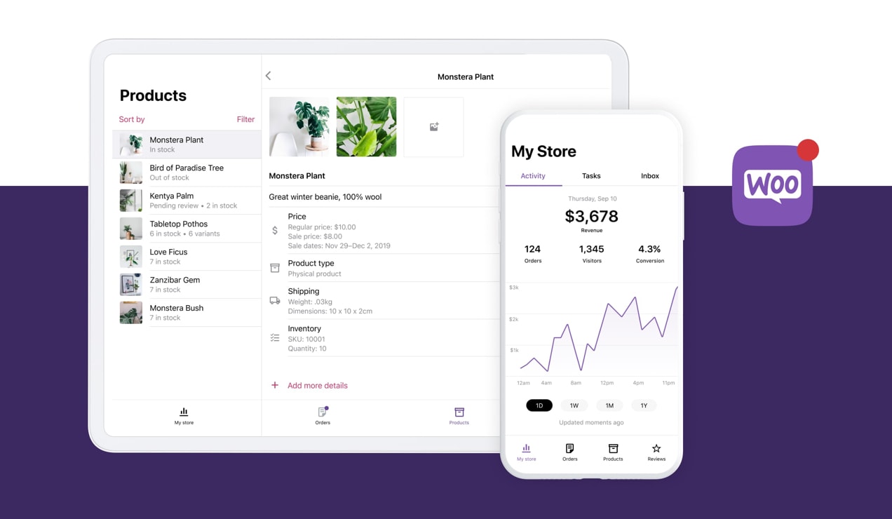 WooCommerce app in action, showing analytics and products