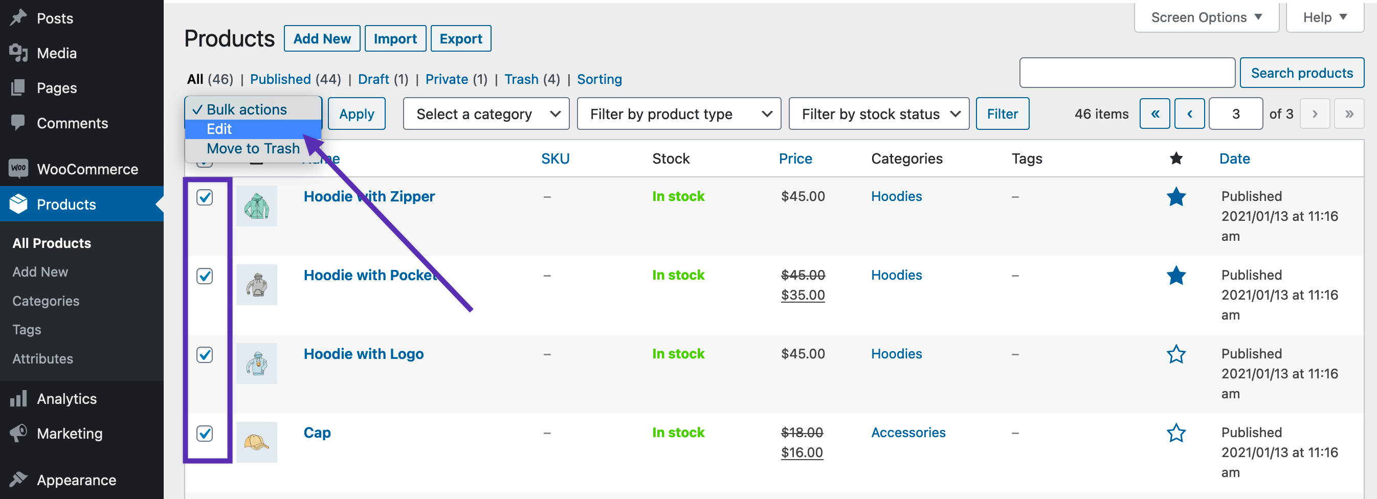 To bulk edit products in WooCommerce, select two or more, choose Edit from the Bulk Actions menu, and click Apply. 