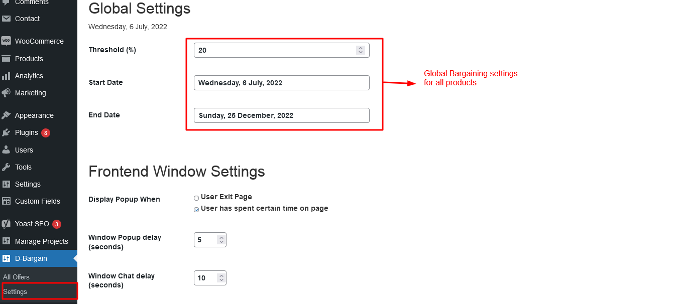You can enable DBargain globally by setting Bargaining Threshold and validity dates from Settings Page as well