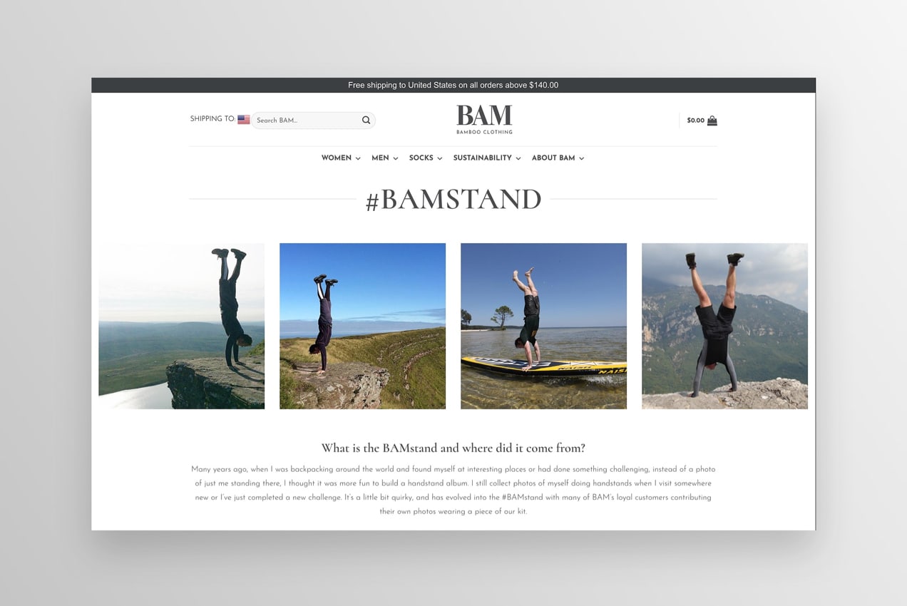 #BAMSTAND section on the website showing photos of people doing handstands