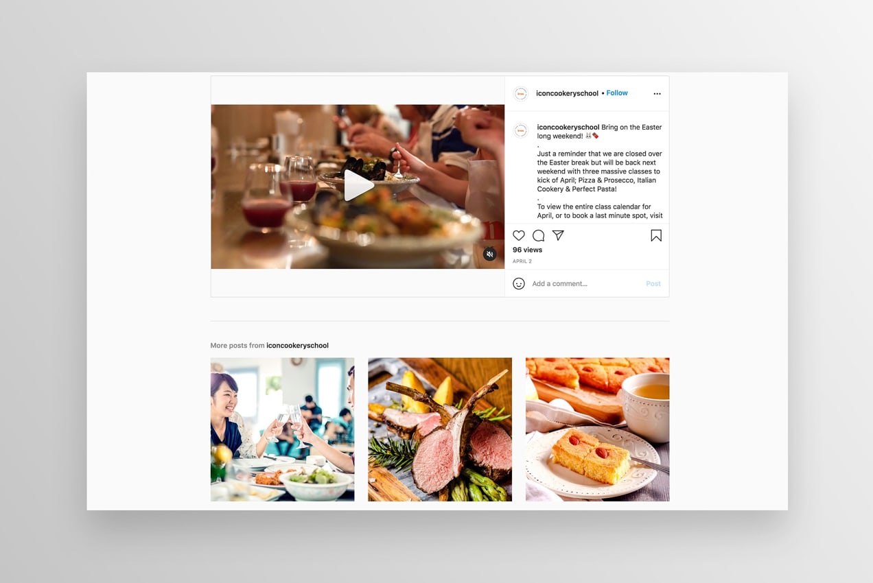 Instagram page of Icon Cookery School showing an engaging video
