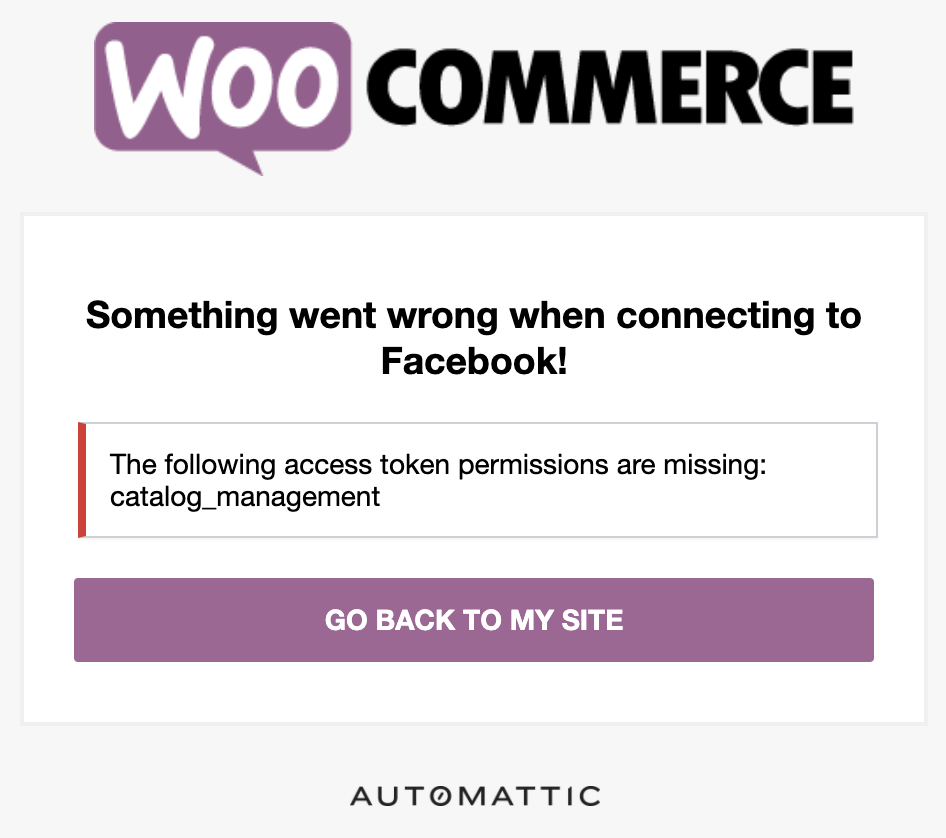 Facebook connection error seem from connect.woocommerce.com