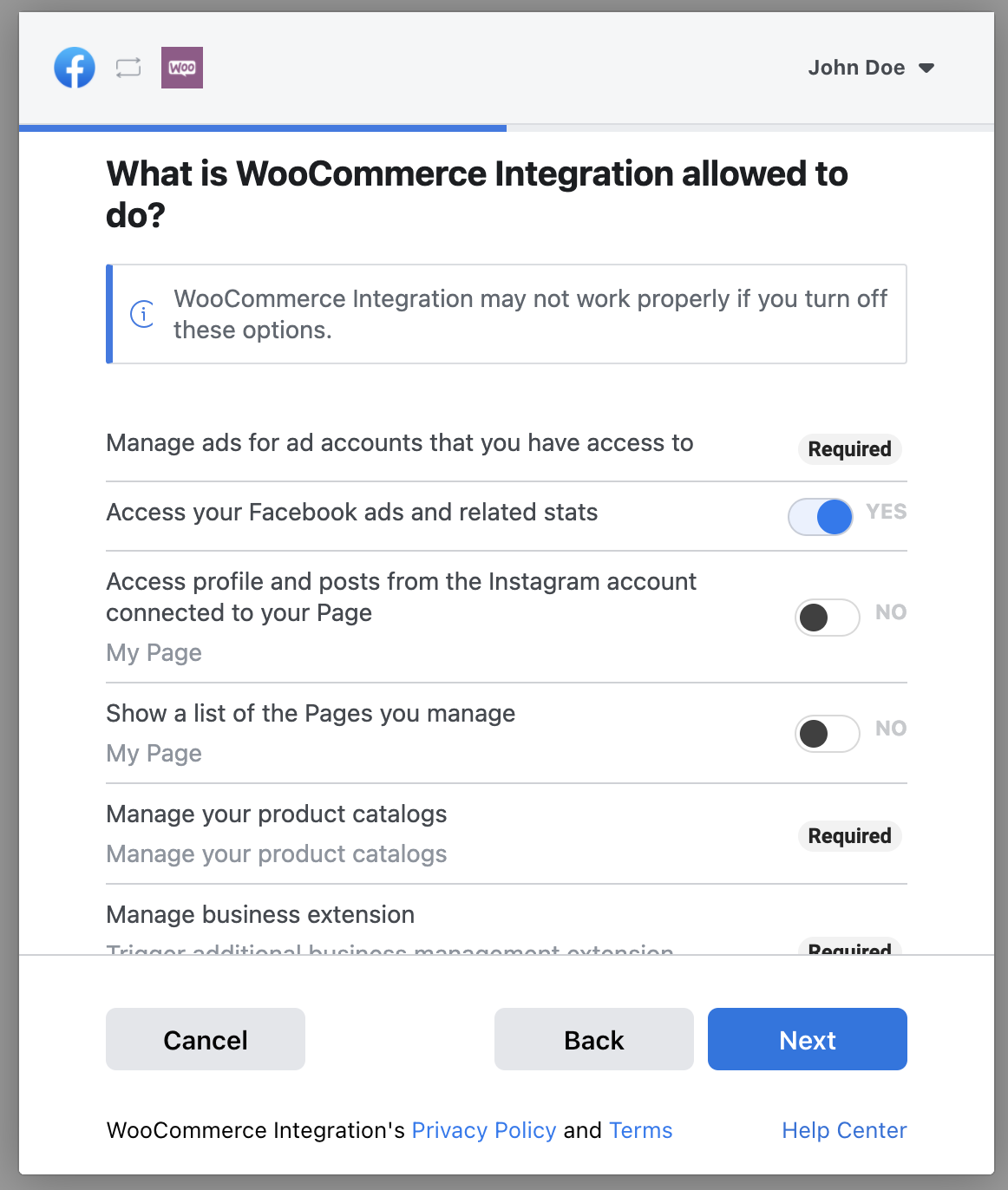 FB Connection permissions settings