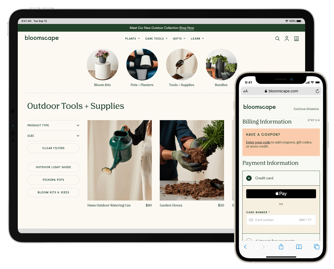 Bloomscape.com displayed on an iPad and iPhone with Apple Pay as a checkout option.