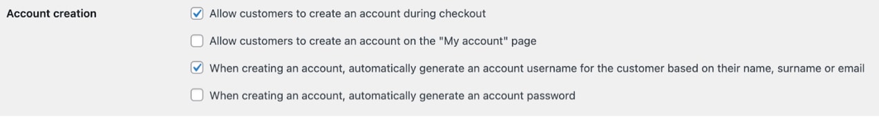 account creation settings in WooCommerce