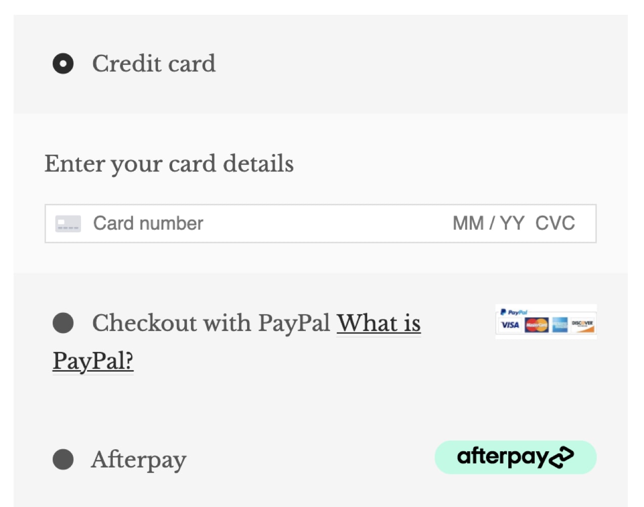 An example from Dryft of a concise payment options form with an accordion feature.