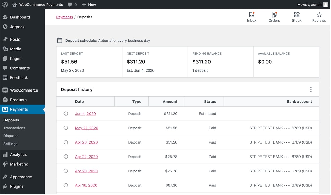 payments dashboard with WooPayments