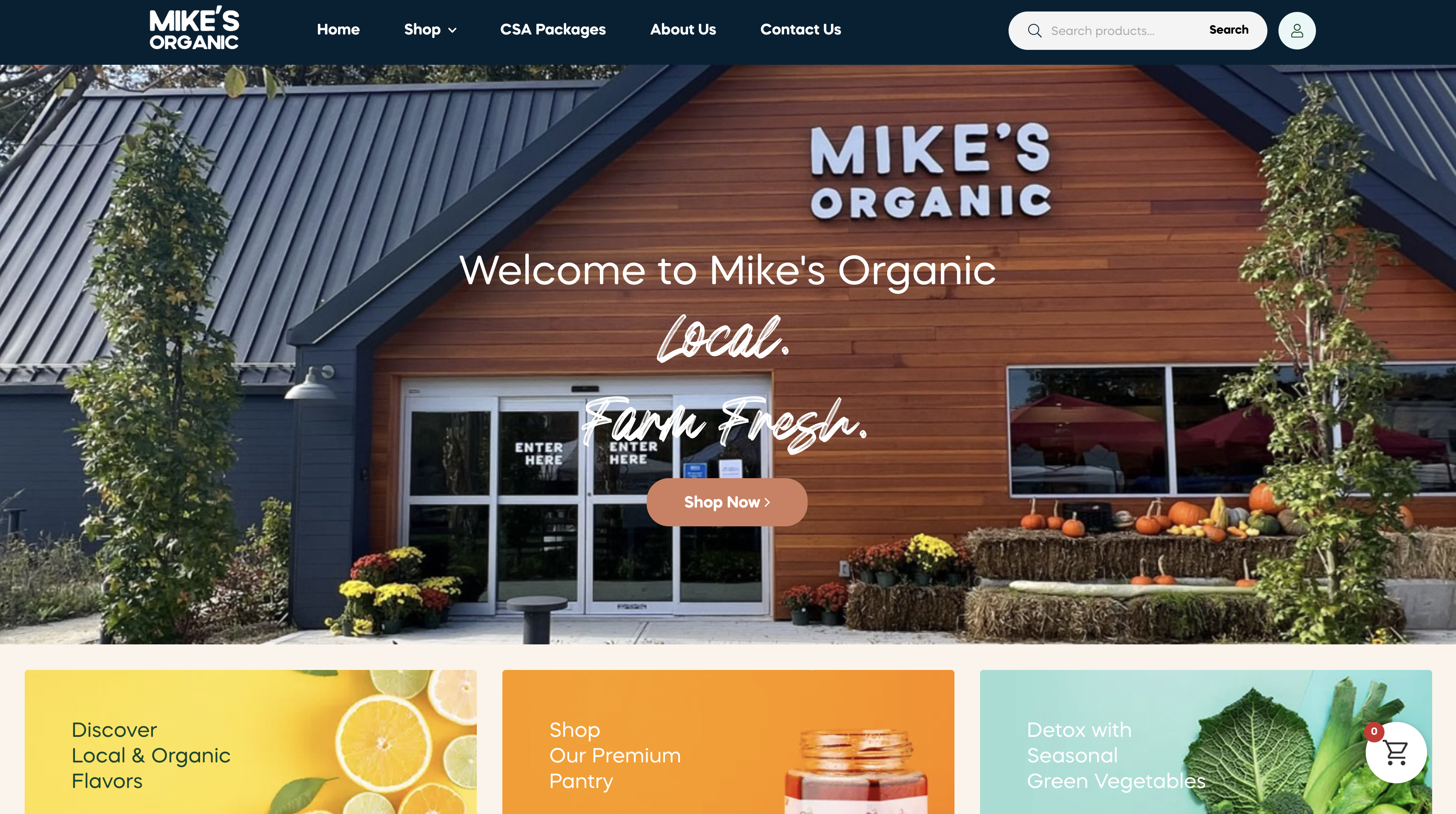 A photo of a WooCommerce website homepage, Mike's Organic