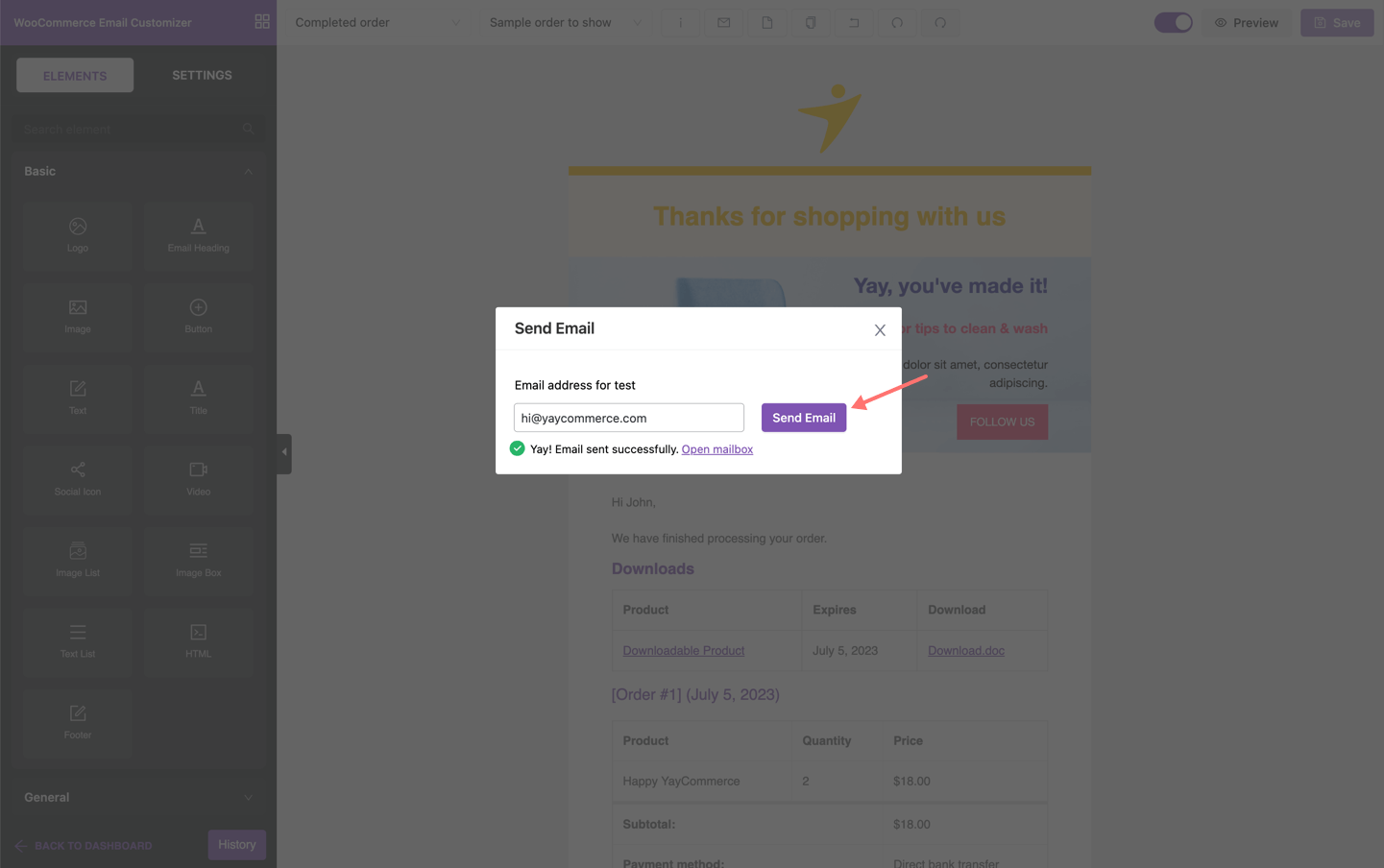 Send WooCommerce test email in a single click