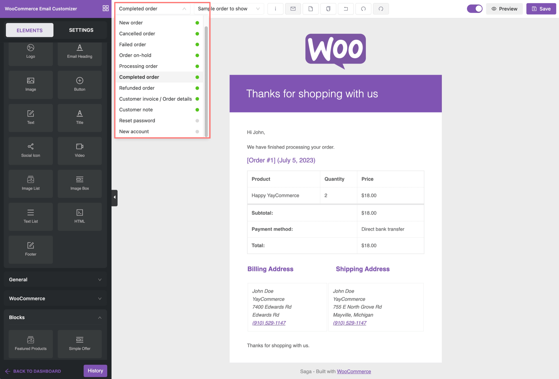 WooCommerce core emails in the dropdown list