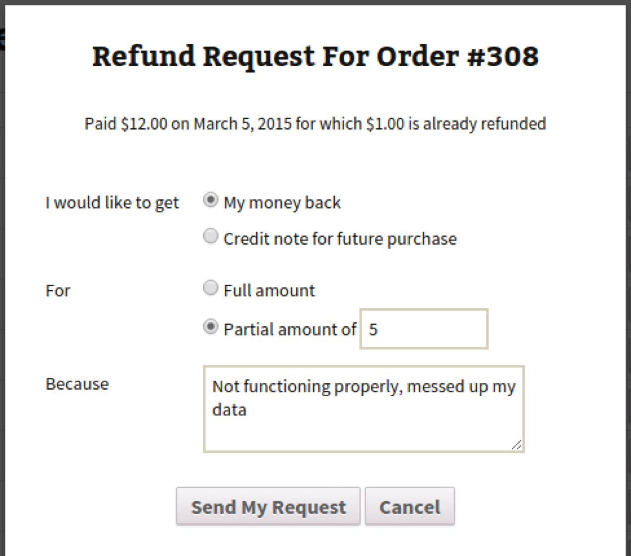 customer refund request in their account