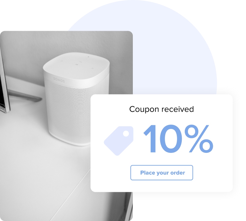 Image of a 10% coupon displayed next to a Bluetooth speaker.
