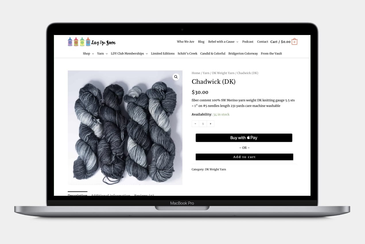 Screenshot WooCommerce Apple Pay website showing Lady Dye Yarn product page