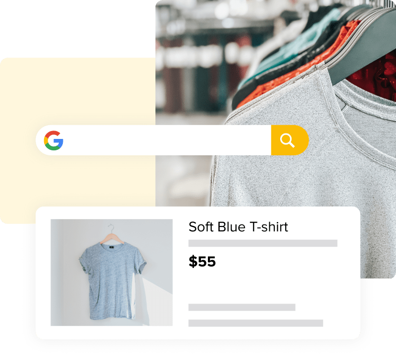 Image of a Google search field and Google Ad next to a photo of t-shirts on a rack.