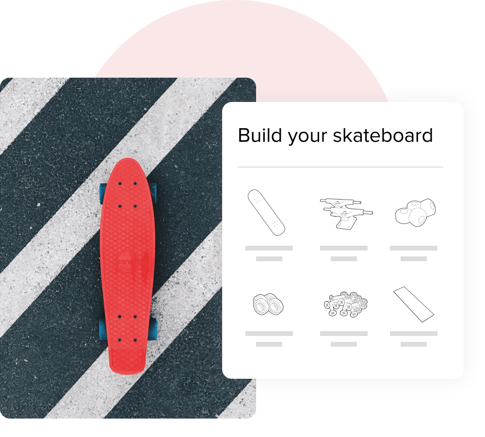 An image showcasing a skateboard kit builder next to a photograph of a finished skateboard.